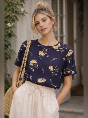 Vintage Sag Harbor Navy Floral Blouse Shoulder Pads Soft Grunge Chic